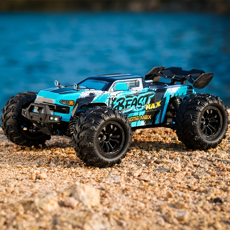 ZNLYRION Remote Control Off-Road Vehicle with Brushless Motor, 4WD, 80KM/H Speed, LED Headlights, Durable Plastic Body, Dynamic Graphics in Blue. Ideal for Outdoor Adventures.