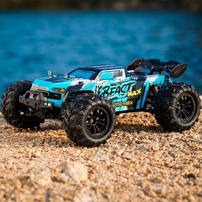 ZNLYRION Remote Control Off-Road Vehicle with Brushless Motor, 4WD, 80KM/H Speed, LED Headlights, Durable Plastic Body, Dynamic Graphics in Blue. Ideal for Outdoor Adventures.