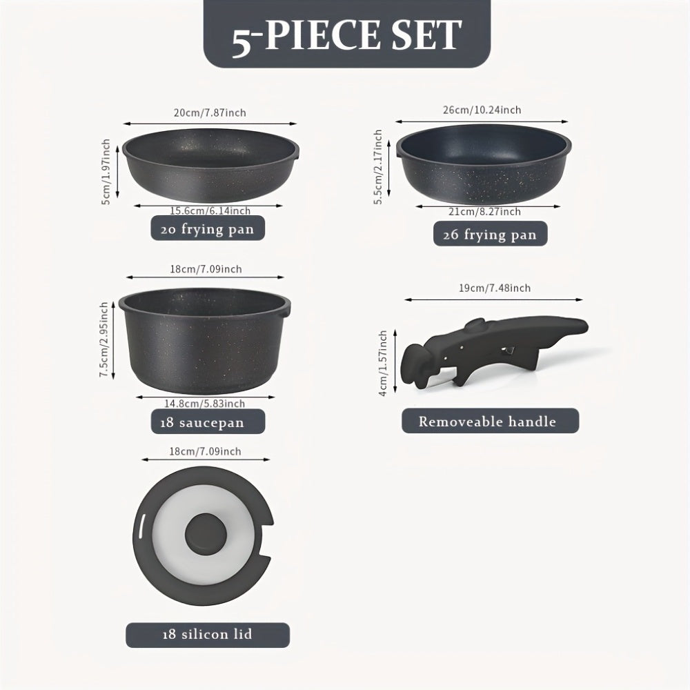 Cook in style with this 5-piece cookware set featuring detachable handles, made from aluminum and non-stick material. These versatile kitchen essentials come with removable grips and are compatible with various heat sources.