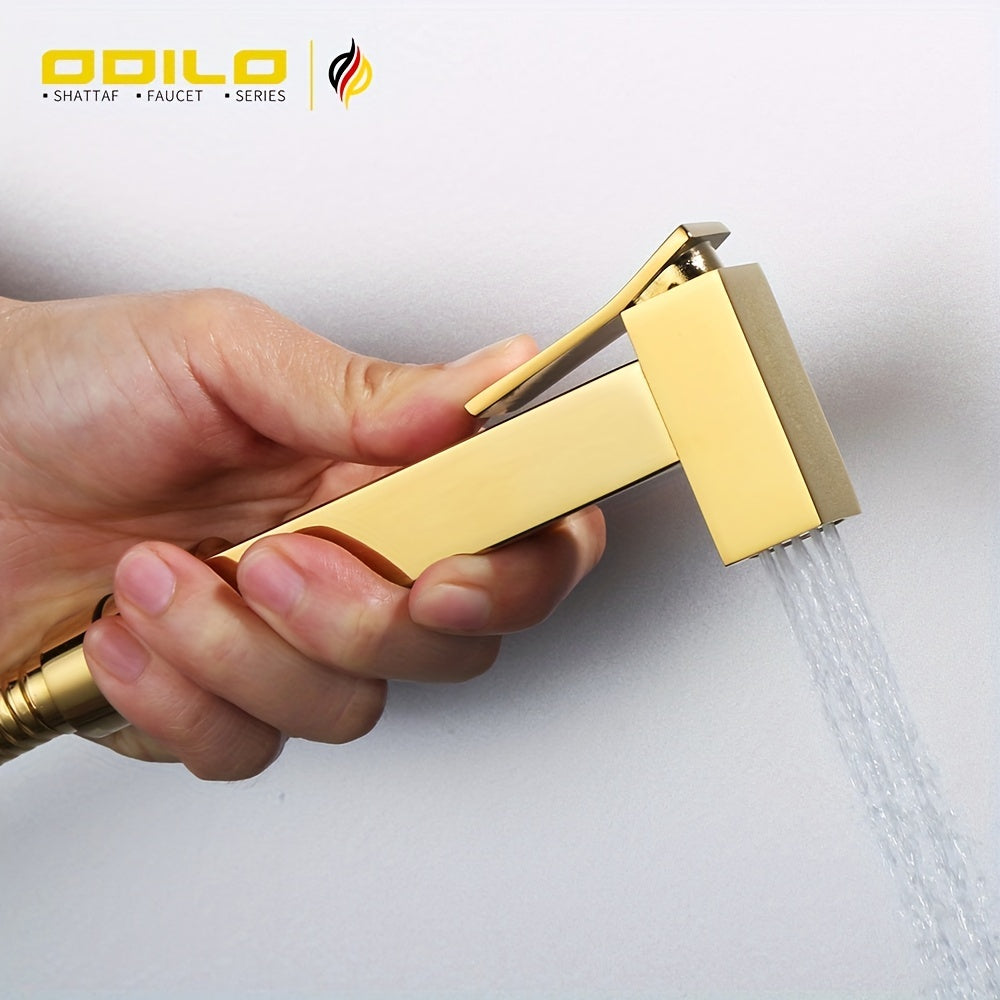 1-piece copper toilet spray gun with integrated female flush nozzle, in rose gold color.