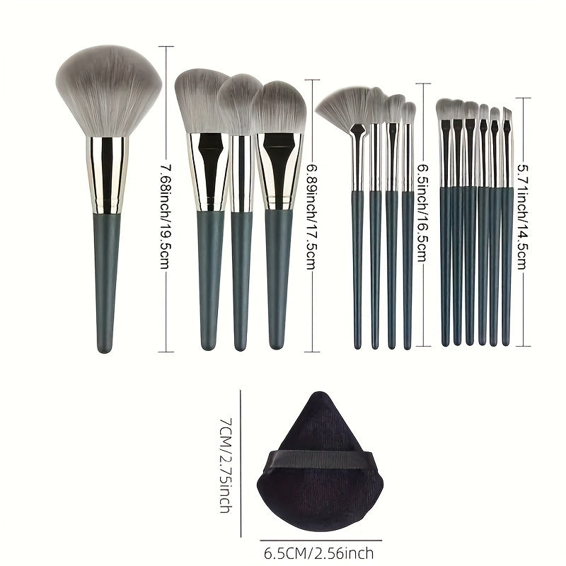 14-piece professional makeup brush set with soft and fluffy silvery/green synthetic hair, ideal for foundation, eyeshadow, eyebrow, and eyeliner application.