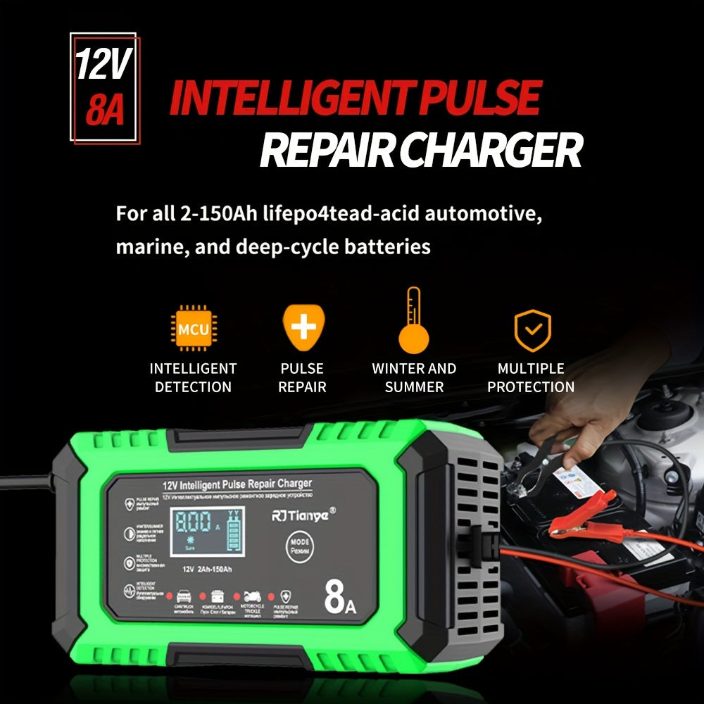 12V 8A Smart Pulse Repair Charger with LCD Display for Vehicles - Intelligent Battery Maintainer for Various Battery Types - Automatic Mode, Overheat & Overcharge Protection, Stylish Red &