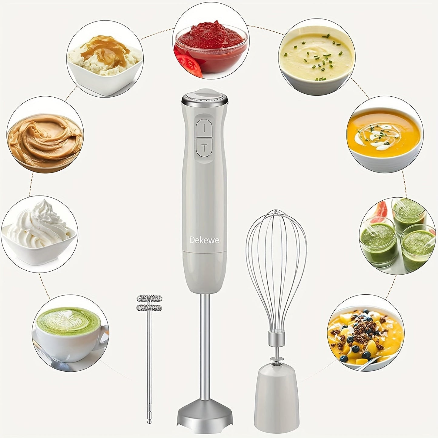 Set of 3 includes a hand blender with electric whisk and milk frother, a puree stick with stainless steel mixing base, and a stainless steel puree stick with 12 adjustable speeds.