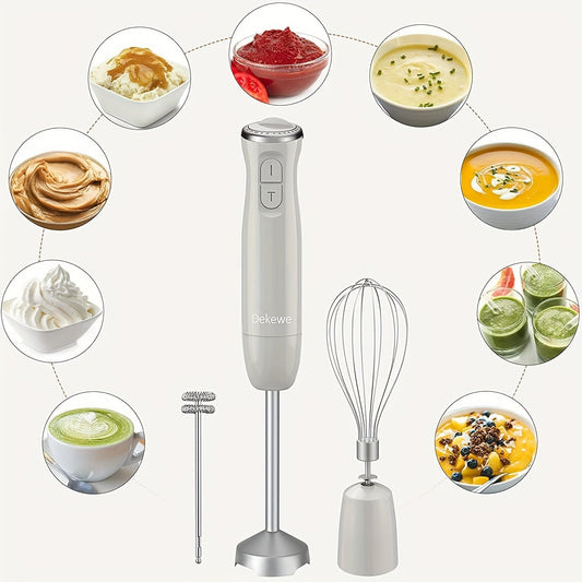 Set of 3 includes a hand blender with electric whisk and milk frother, a puree stick with stainless steel mixing base, and a stainless steel puree stick with 12 adjustable speeds.