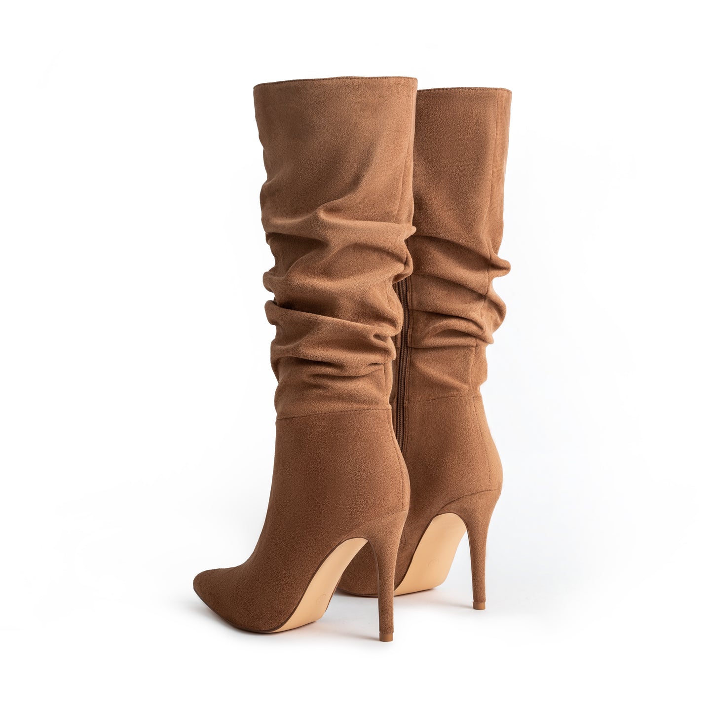 Pleated design long boots for women with point toe and stylish side zipper.