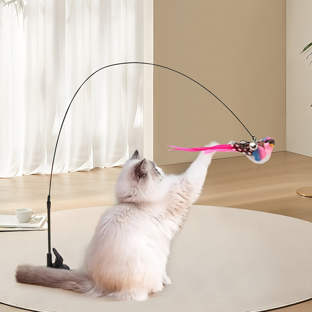 Interactive cat teaser wand with suction cup base, bell, detachable bird toy. Polyester blend, no batteries required. Ideal for indoor play with pet cats.