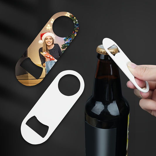 Customizable stainless steel bottle opener, ideal for gifts and bar use, no power needed, durable sublimation blank.