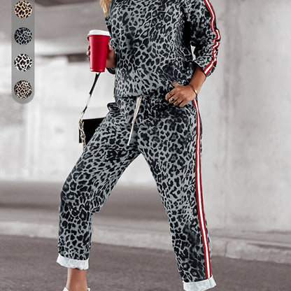 Women's two-piece set for spring and autumn, featuring a soft and comfortable long sleeve top and pants with a loose fit and stylish leopard print. Ideal for commuting with added pockets.