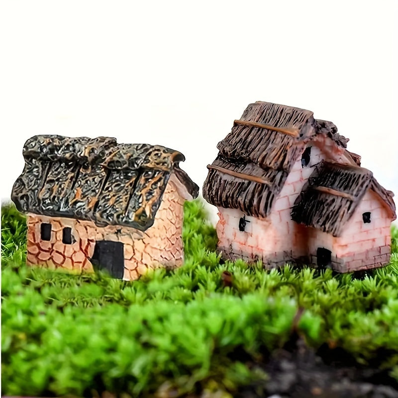 Set of 6 miniature resin house statues for DIY fairy gardens, bonsai, succulent decor, and glass planter accents.