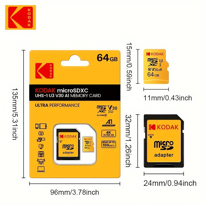 Kodak Yuqori Tezlikdagi Xotira Kartasi Haydash Qaydnomasiga, Kuzatuv Kamerasiga va Mobil Qurilmalarga mo'ljallangan, turli o'lchamlarda mavjud.