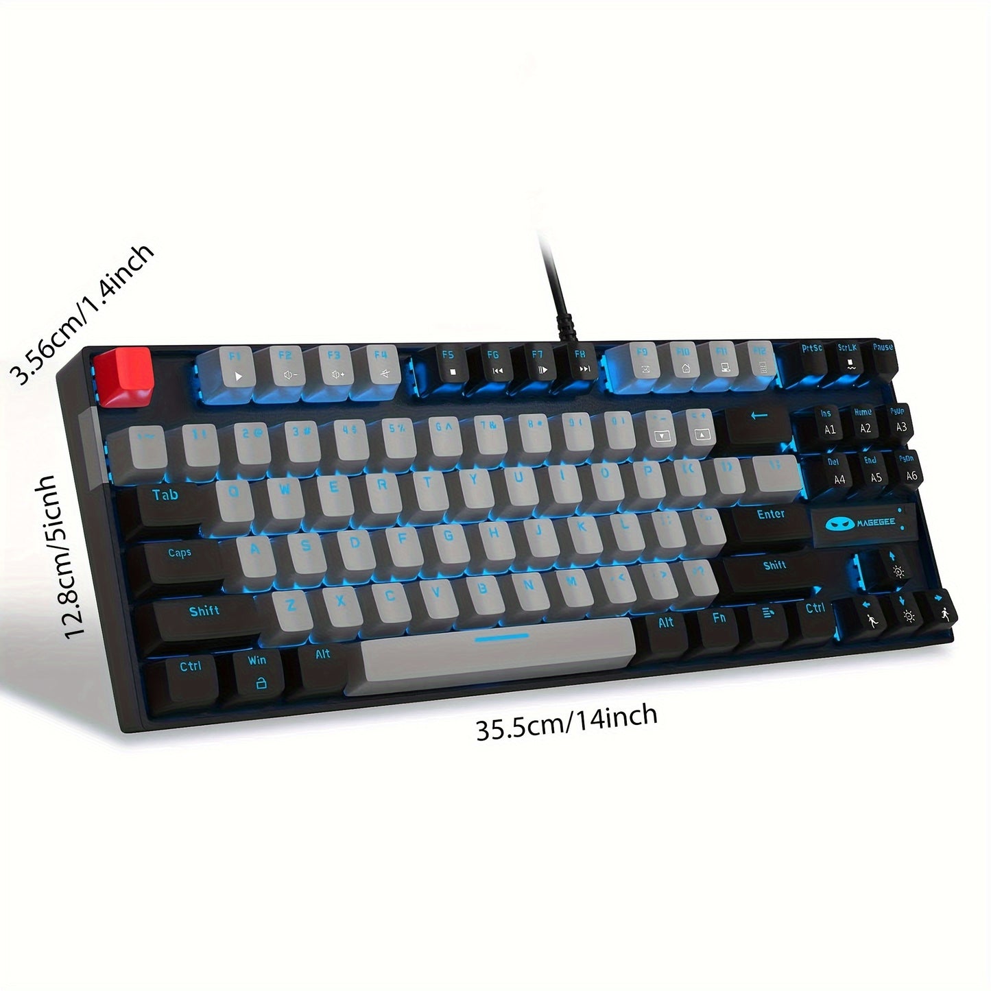 MageGee MK-STAR Mechanical Keyboard: 87-Key Wired Backlit, Ergonomic Design, USB, Black & Blue, No Battery Needed, Keycap Puller Accessory.