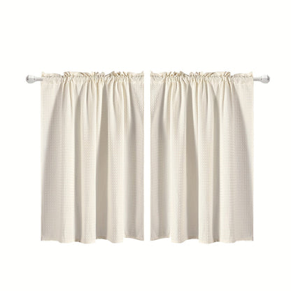 Set of 2 Waffle Weave Half Window Curtains. Waterproof Small Window Curtains for Bathroom, Ideal for Coffee Shops and Kitchens.