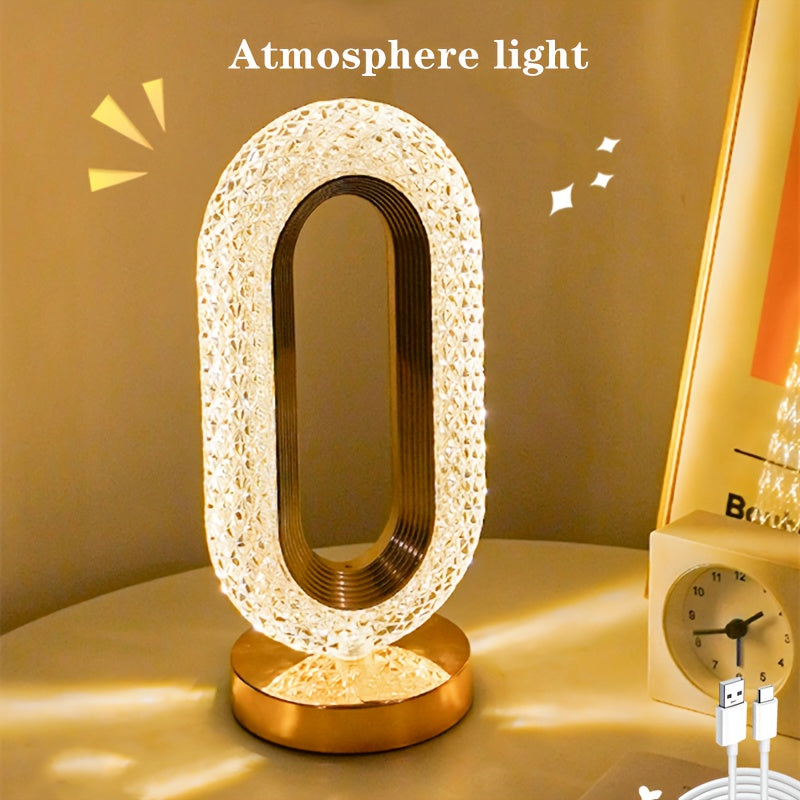 Luxurious oval crystal table lamp with USB charging, perfect for bedroom, living room, or party decor.