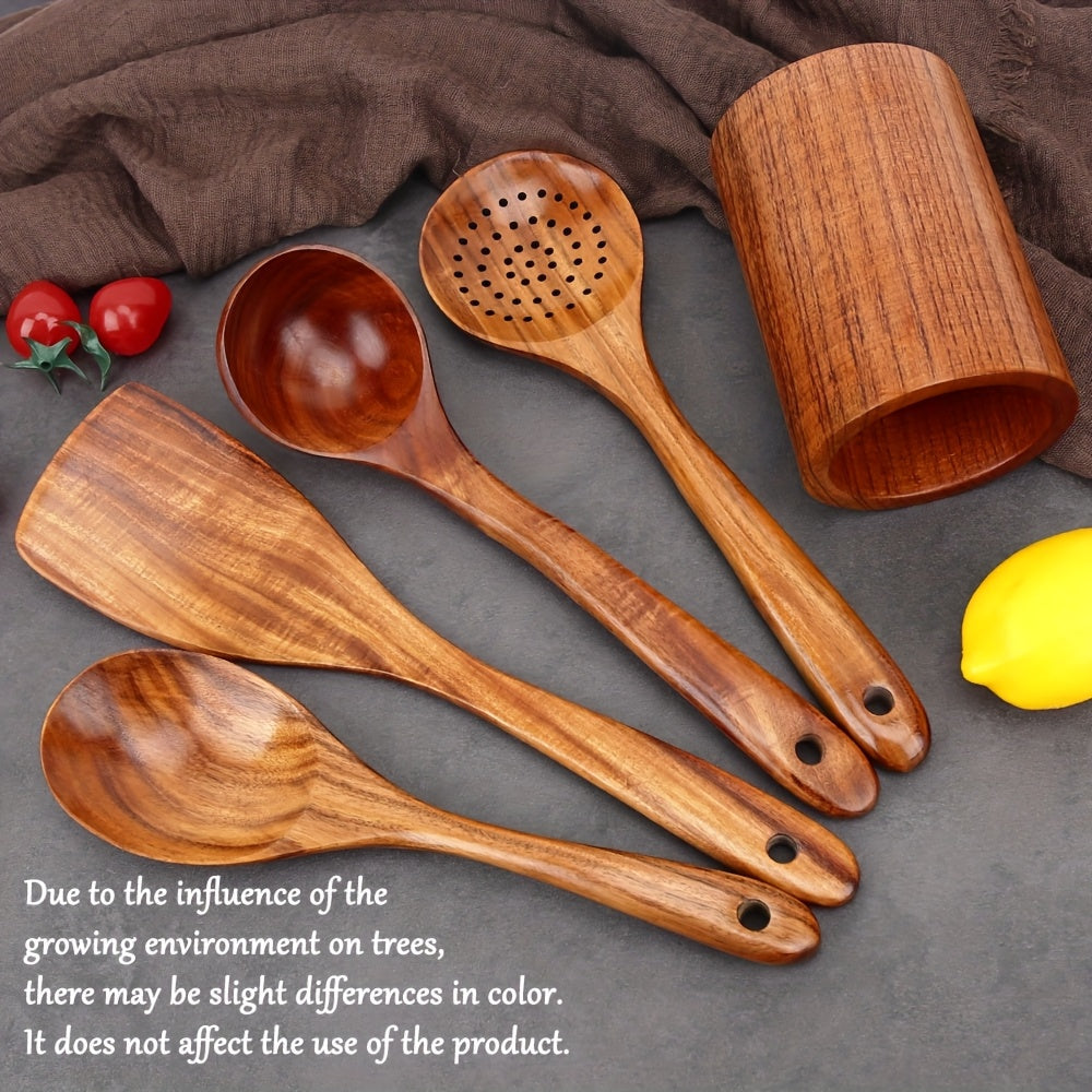 Set of 5 wooden kitchen utensils with holder - premium cooking spoons and tools for use at home or in restaurants