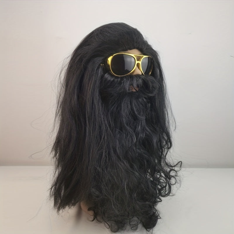 Set of 3: Men's Long Black Wig and Beard with Glasses for Halloween Caveman Costume