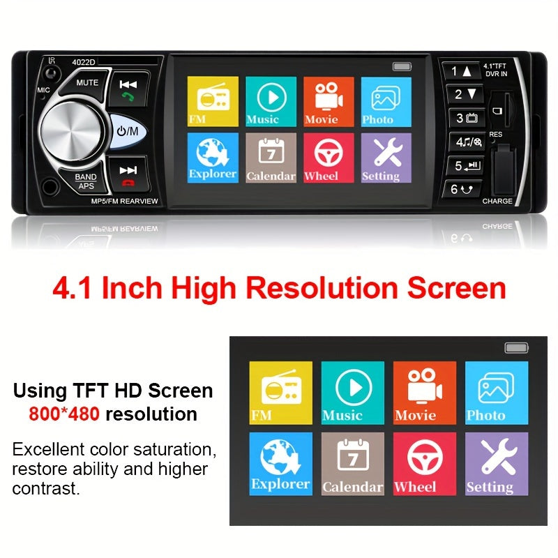 Portable car multimedia video player with car radio supporting 14 languages, USB/AUX/FM, remote control, and no battery.