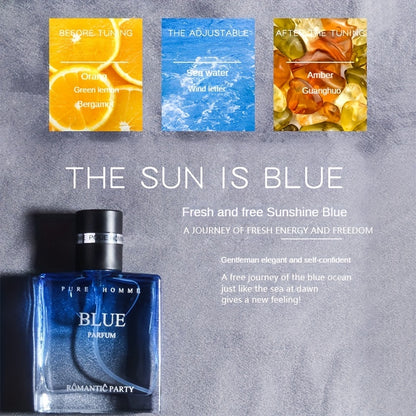 Men's cologne "Homme Parfum" in "Sunshine" Blue and "Confident" Black, with long-lasting light scent and ocean & woody fragrance notes for a charming gentleman's aroma.