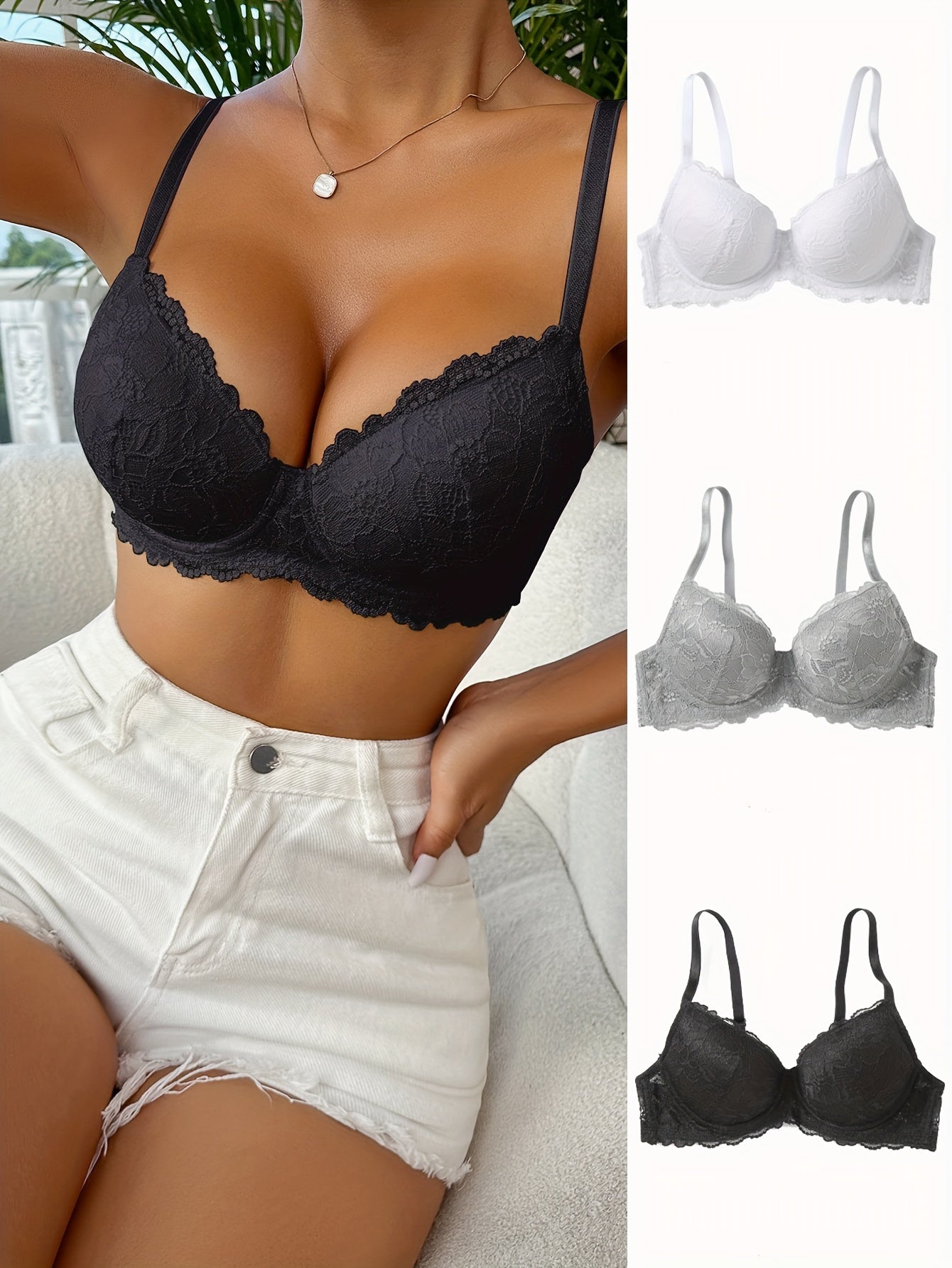 Three elegant lace push-up bras with underwire for women in black, white, and gray. Non-removable pads, hand washable, and comfortable polyamide blend.