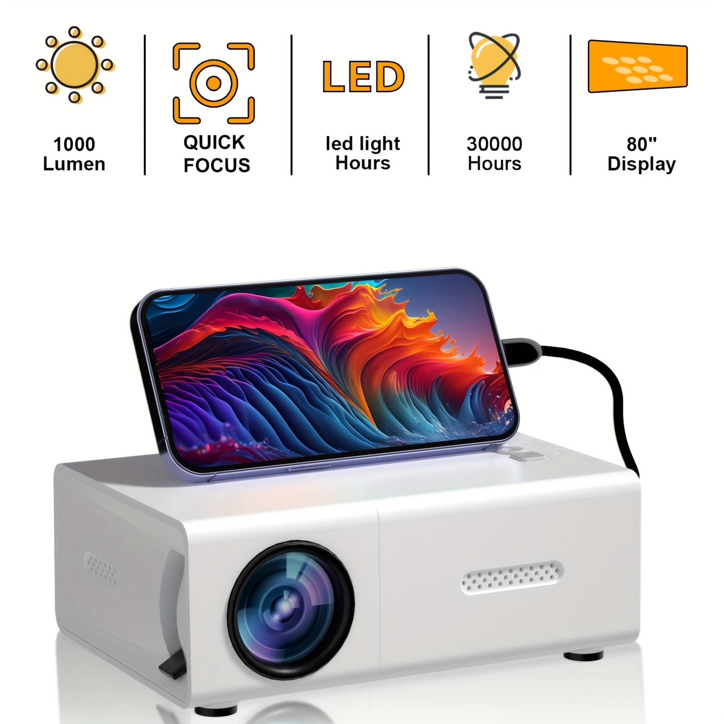 Portable high definition projector, easy to set up and connect, compatible with mobile phones, TV sticks, and computers, perfect for home theater, also suitable as a birthday gift.