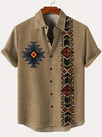 Men's lightweight khaki casual shirt with tribal 3D print featuring short sleeves, button-up collar, geometric pattern. Perfect for summer resort and outdoor wear, made with a polyester