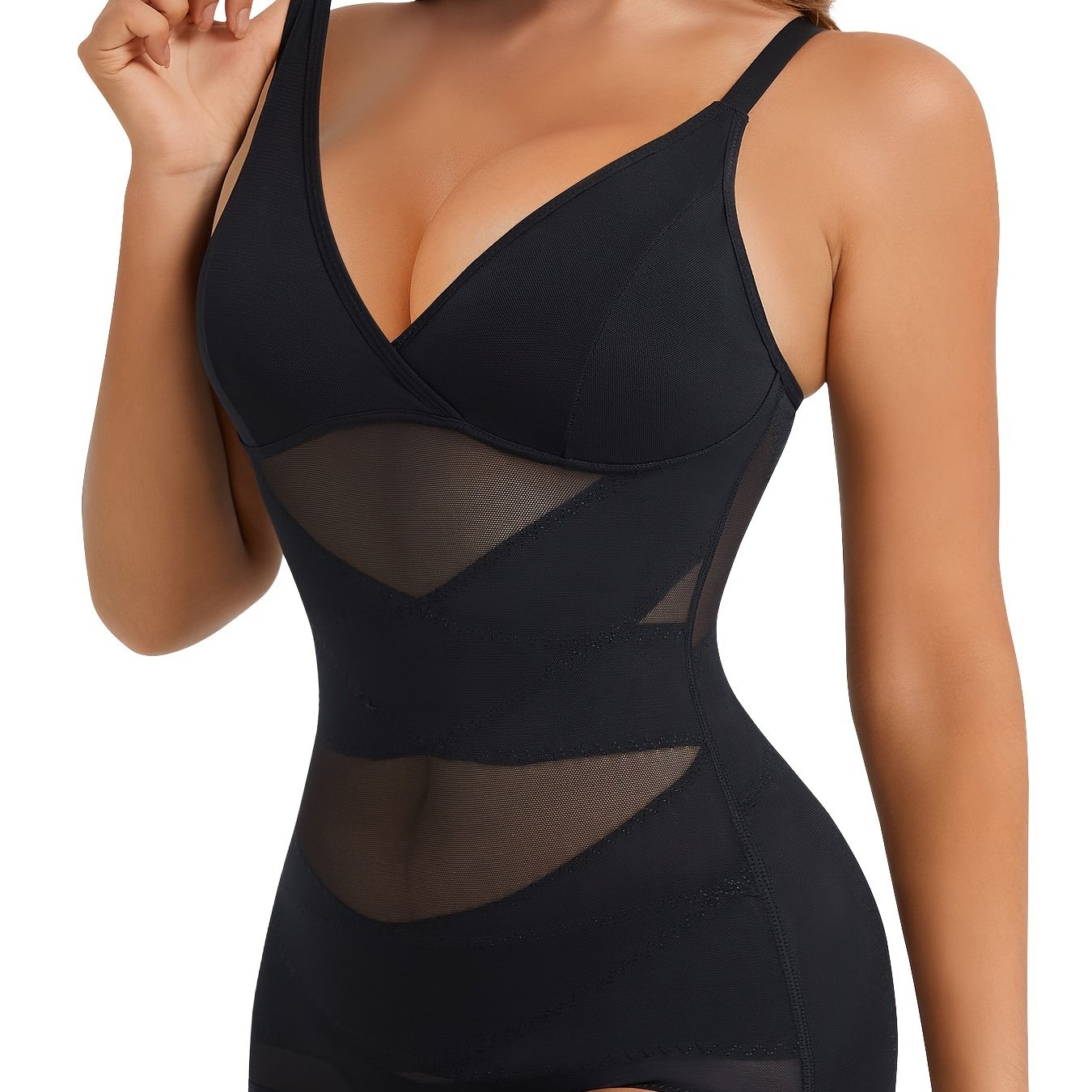 Shapewear bodysuit for women with removable pads, deep V neck, firm tummy control, breathable mesh, butt lifter, all-day wear.