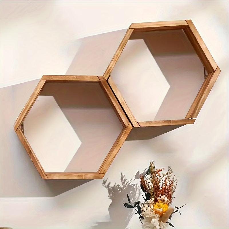 Brown Wood Hexagon Floating Shelf- Ideal for Bedroom and Living Room Decor- Wall-Mounted DIY Home Accent