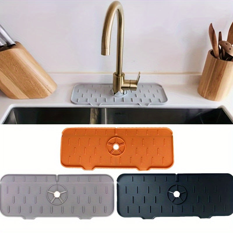 Waterproof and easy-to-clean silicone mat designed to catch faucet water, with drainage system and non-electric absorbent properties. Ideal as a sink splash guard and kitchen counter protector pad.