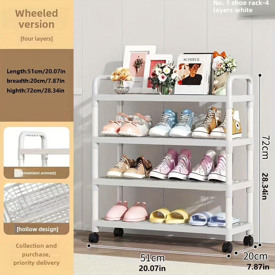 Free Standing Multi-Layer Plastic Shoe Rack with Wheels, Holds Many Shoes, Perfect for Dorms and Rentals, Easy to Assemble