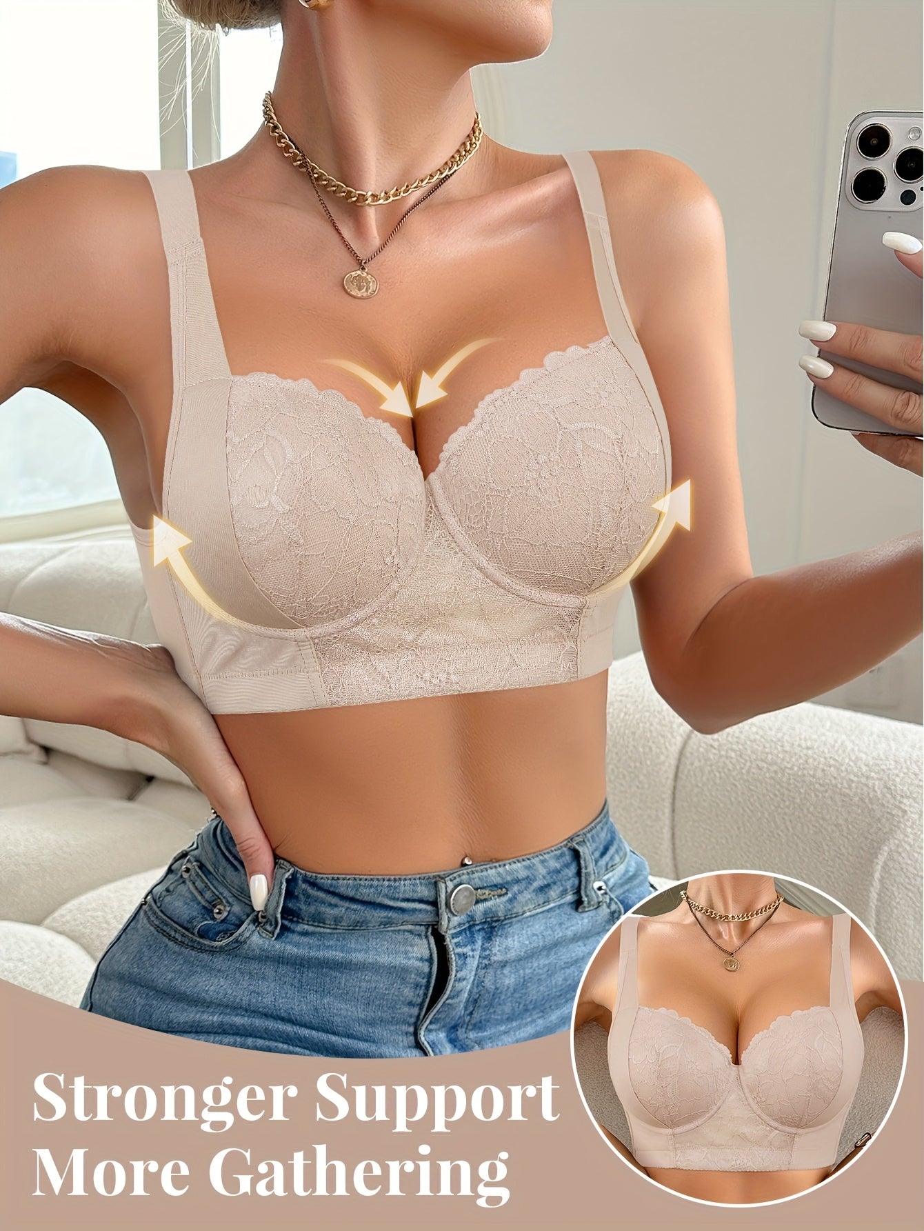 Elegant lace push-up bra with enhanced support and non-removable pads. Hand washable with white floral lace detail. Feminine undergarment for comfortable wear.