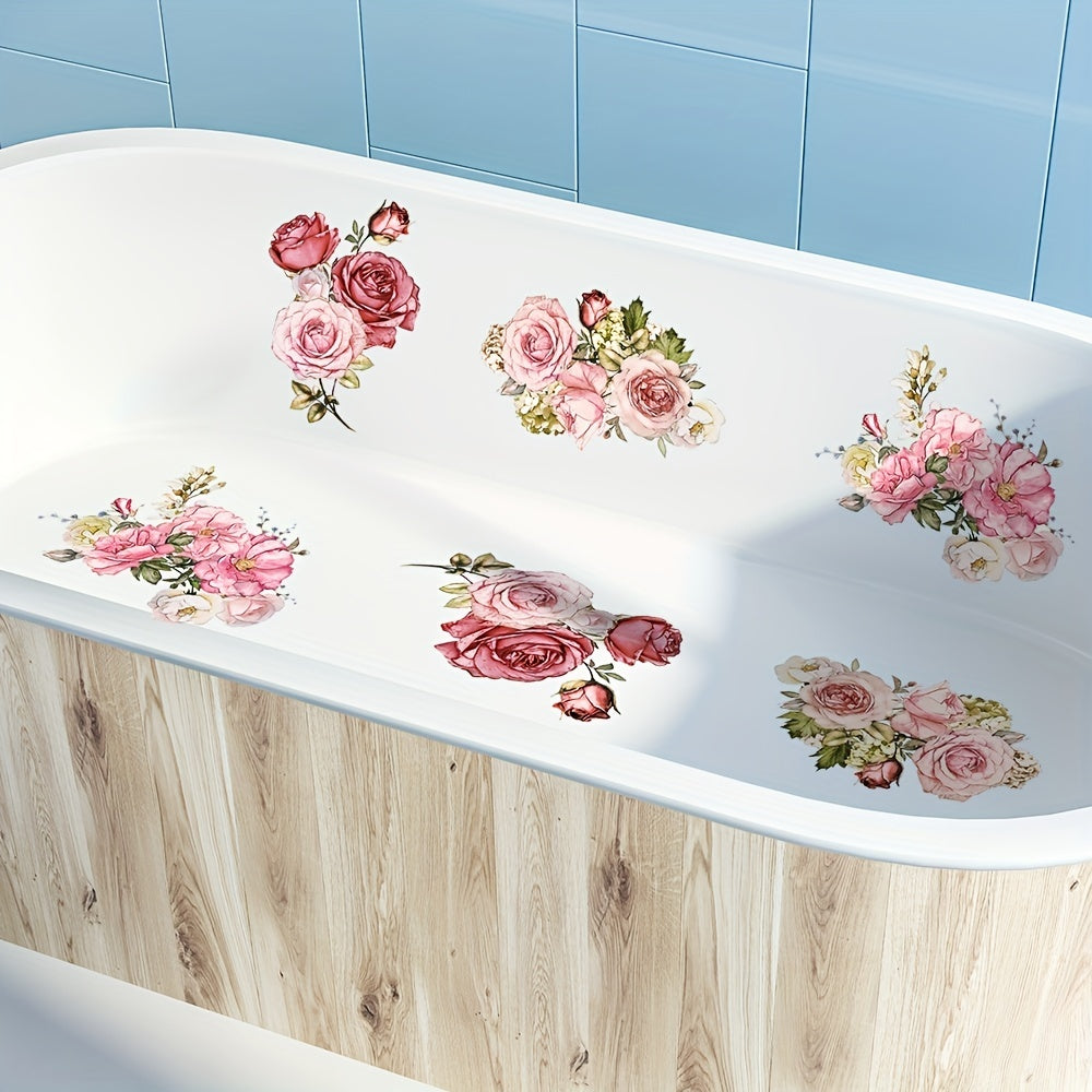 6 pink flower non-slip bathtub appliques for stylish and safe bathroom decor.