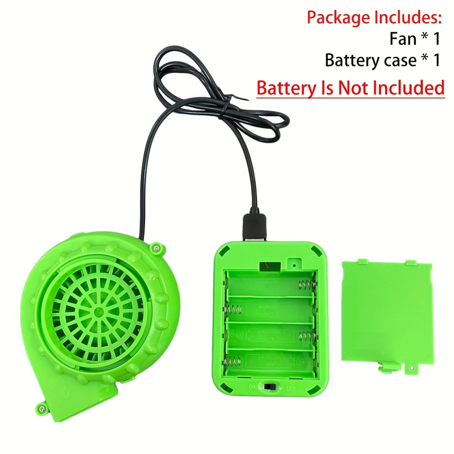 Get ready to party with the Portable Mini Inflatable Costume Fan in a vibrant green color! This fan comes with a USB plug and battery box for dual power modes (AA batteries not included). Perfect for Halloween, Christmas, and parties, this fan is a