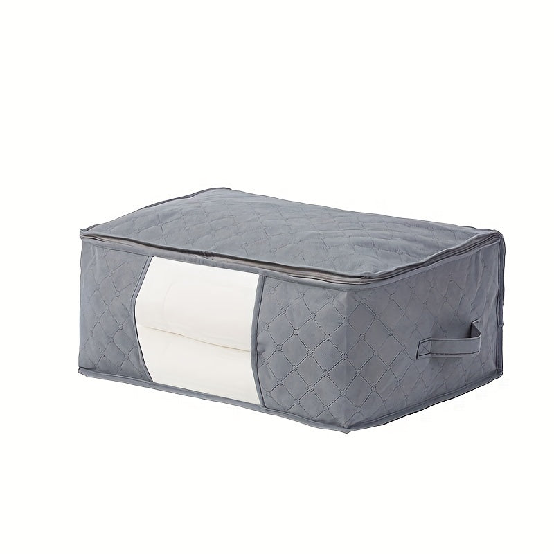 Clear-windowed fabric storage bins, stackable wardrobe organizers that are dustproof and foldable. These clothing storage boxes are sealed closet organizers for adult and teen apparel, ideal for home organization and as holiday gifts.