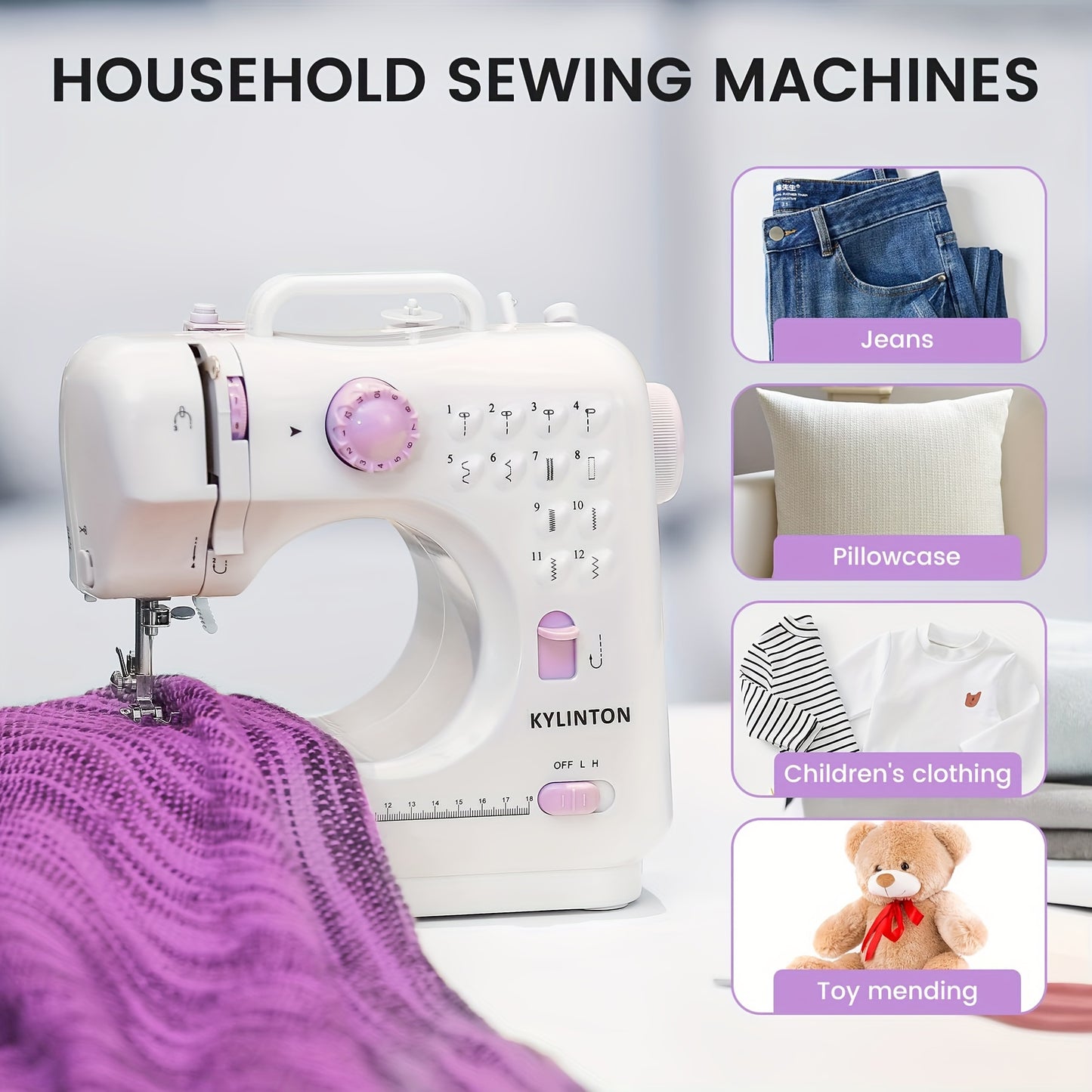 Portable sewing machine comply with European regulations - 12 stitches, dual-speed pedal, perfect for home and beginner use.