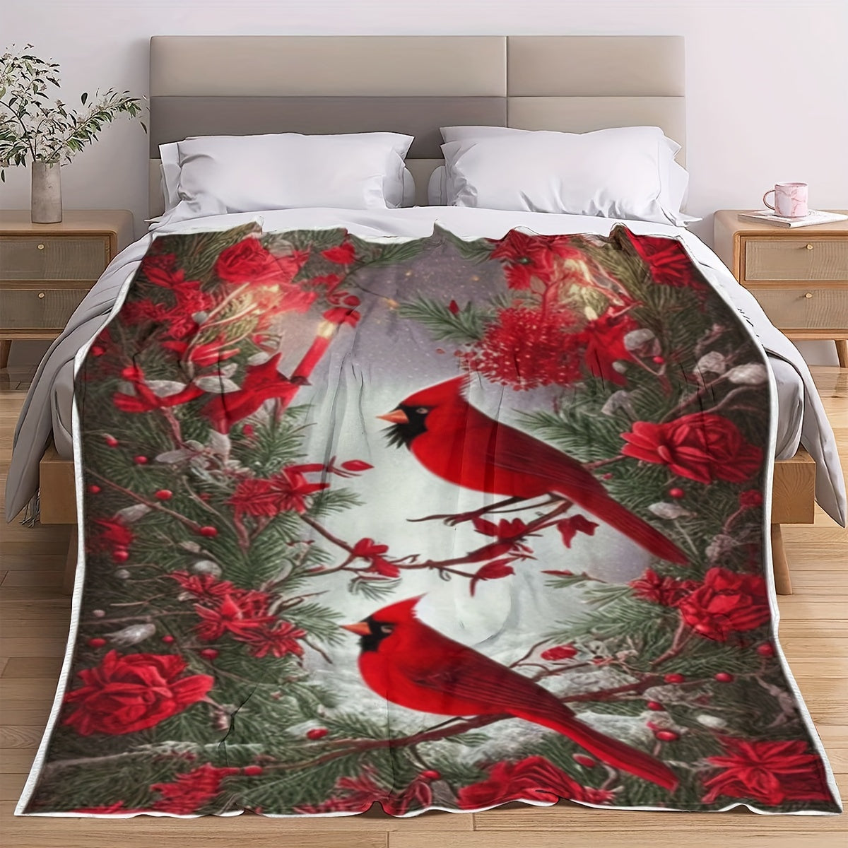 Modern Cardinal Patterned Flannel Throw Blanket - Can be used on both sides, suitable for all seasons, durable, made of woven polyester, versatile animal design, colorful - Made of 100% polyester.