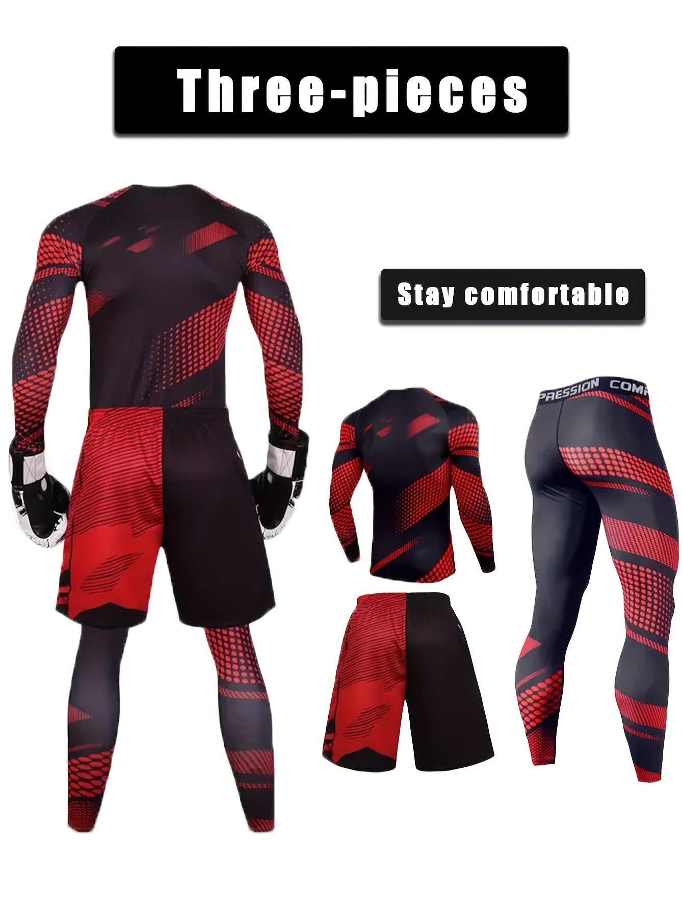 Men's 3-Piece Camouflage Sports Set with Muscle Fit Shirt, Pants, and Matching Shorts for Gym and Workout.