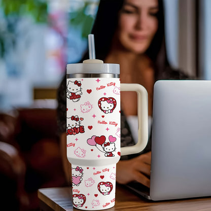 40oz Hello Kitty insulated stainless steel water bottle with handle and straw. Pink & white heart pattern, BPA-free, ideal for hot/cold drinks. Great gift for family & friends.