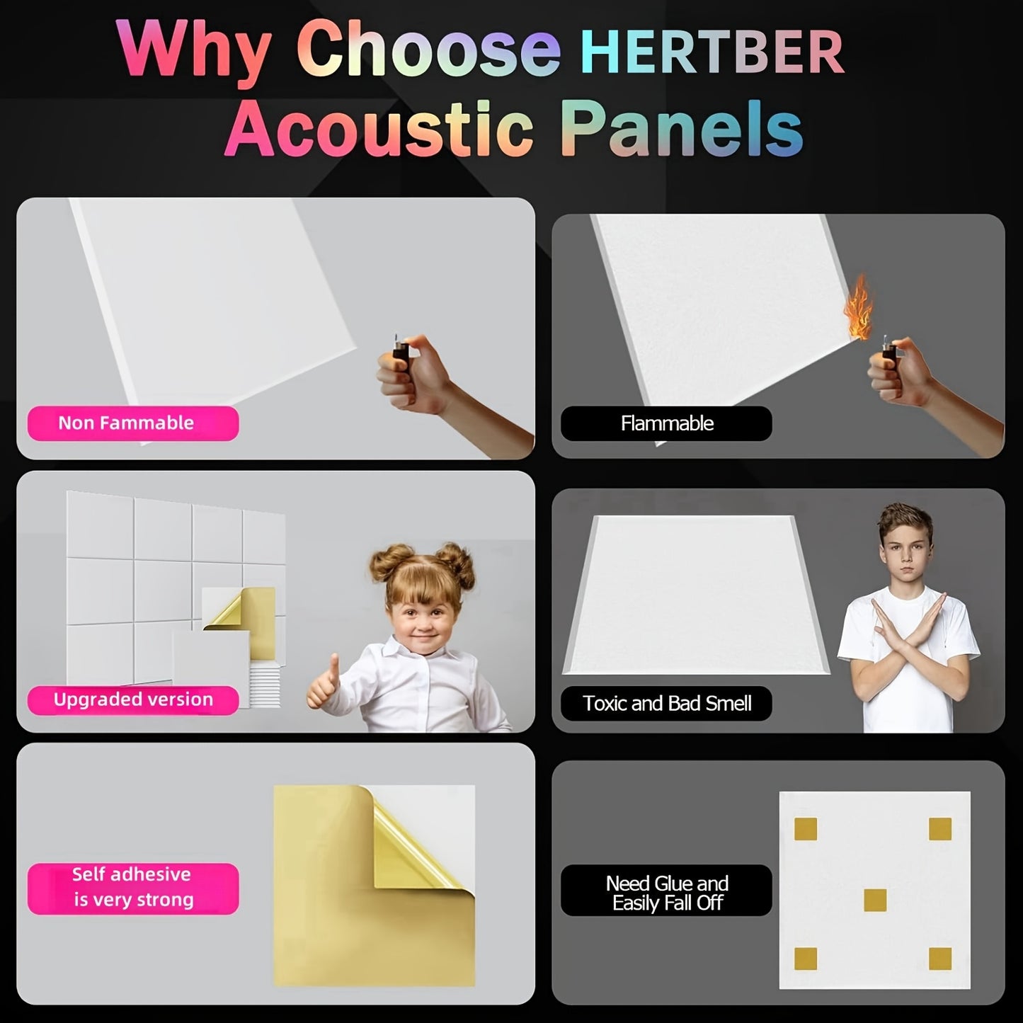 HERTBER 28-Pack Self-Adhesive Acoustic Foam Panels (30.48x30.48x1.02 cm) for Soundproofing in Home, Studio, and Office. Ideal for Recording Studios, Theaters, and Concert Halls.