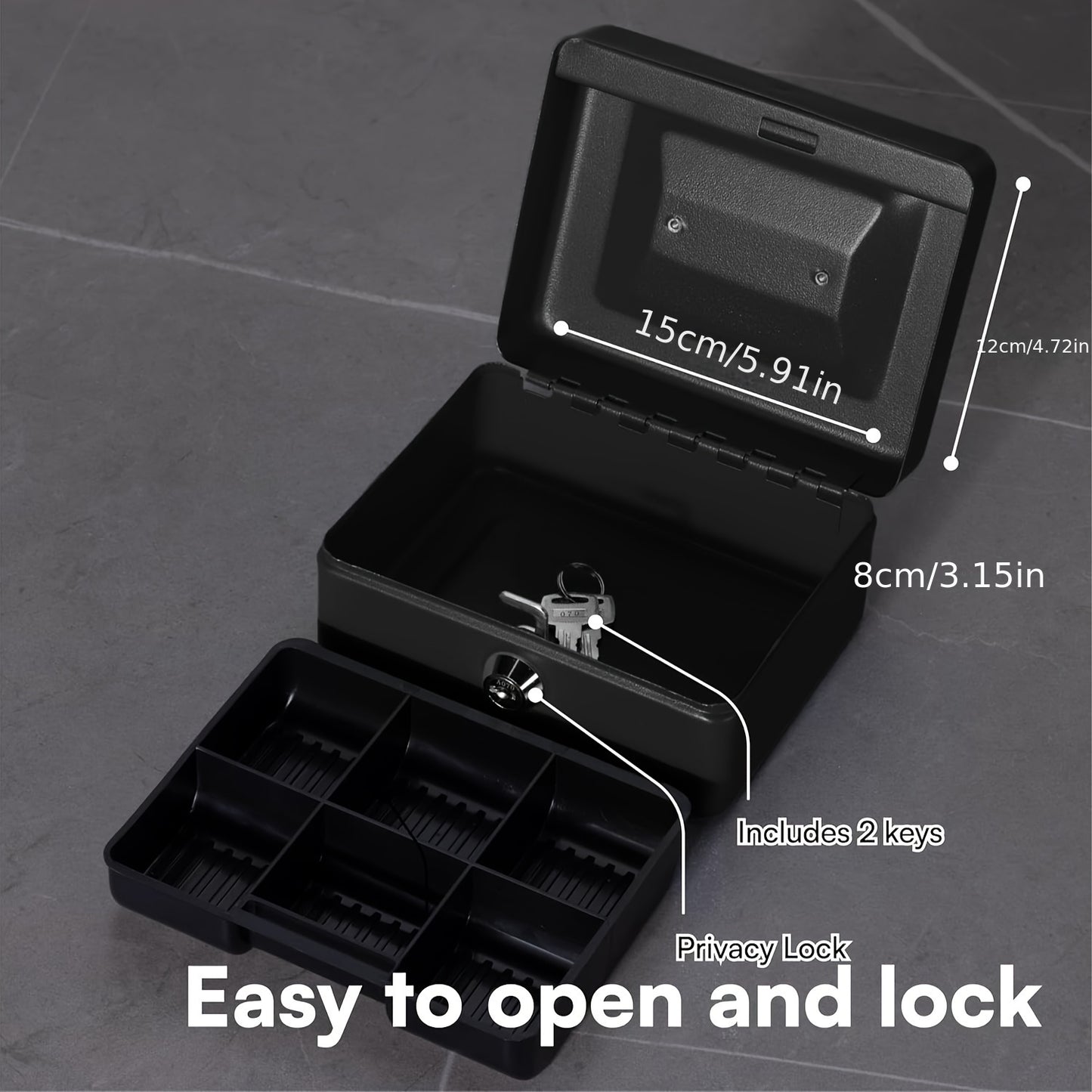 Waterproof 6-inch glossy black cash box with small iron key lock, measuring 15 * 12 * 9 cm and including a money tray for security.