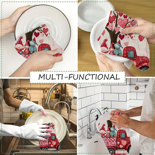 Pair of 2 ultra-soft kitchen towels featuring a Valentine's Day truck design with gnomes, ideal for holiday decor. These highly absorbent dish towels are machine washable and measure 40.64x60.96 cm.