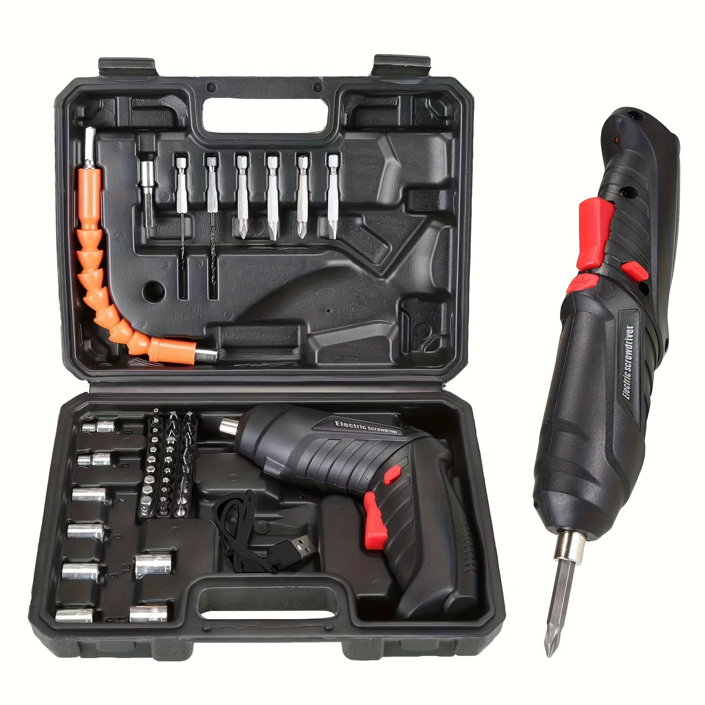 Mini cordless electric screwdriver set with 45 pieces, deformable screwdriver bits and USB charging.