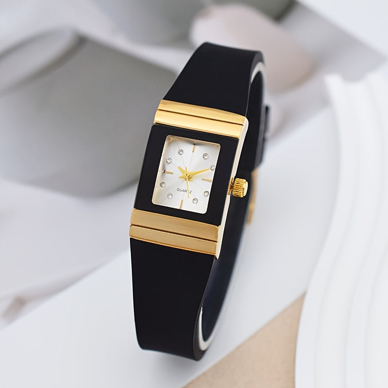 Square black and gold silicone band watch for women