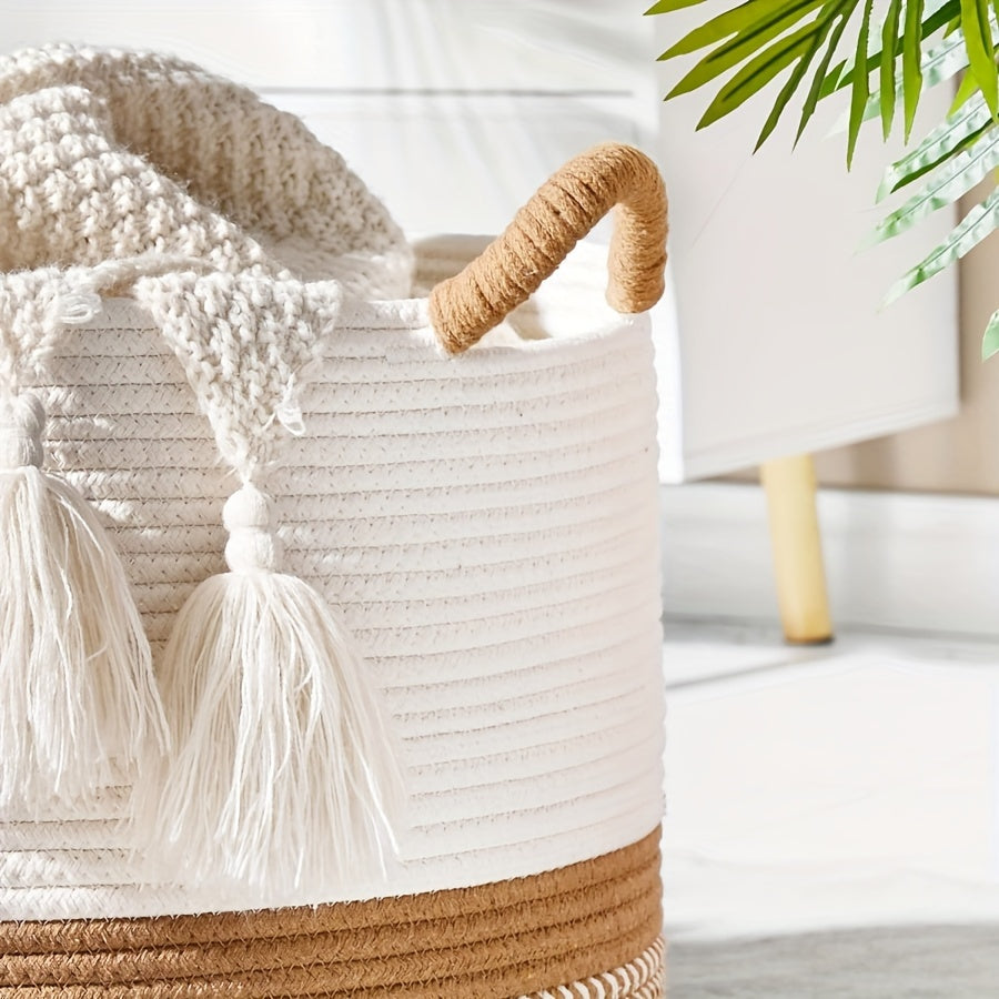 1 woven basket for storage, available in 4 colors; suitable for laundry, living room, nursery, pillows, and toy chest.