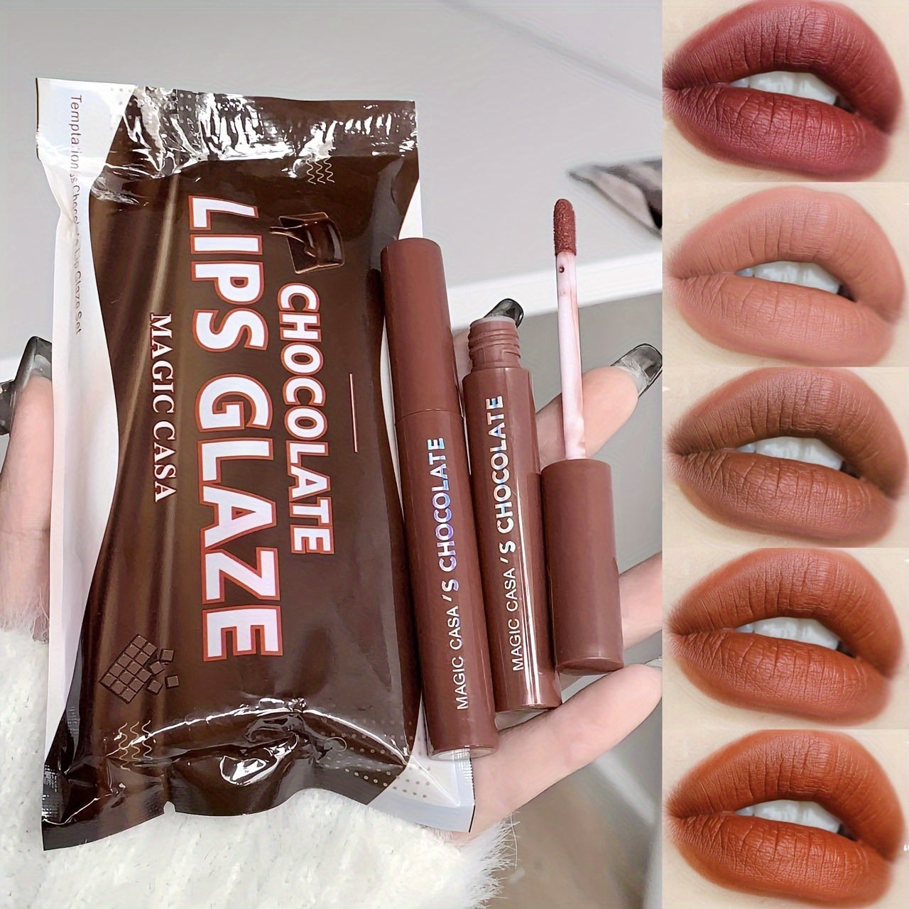 Get a 5-piece set of Lava Chocolate Lip Glaze that moisturizes and hydrates lips while giving a matte finish. This waterproof and long-lasting formula is perfect for gifting to girls.