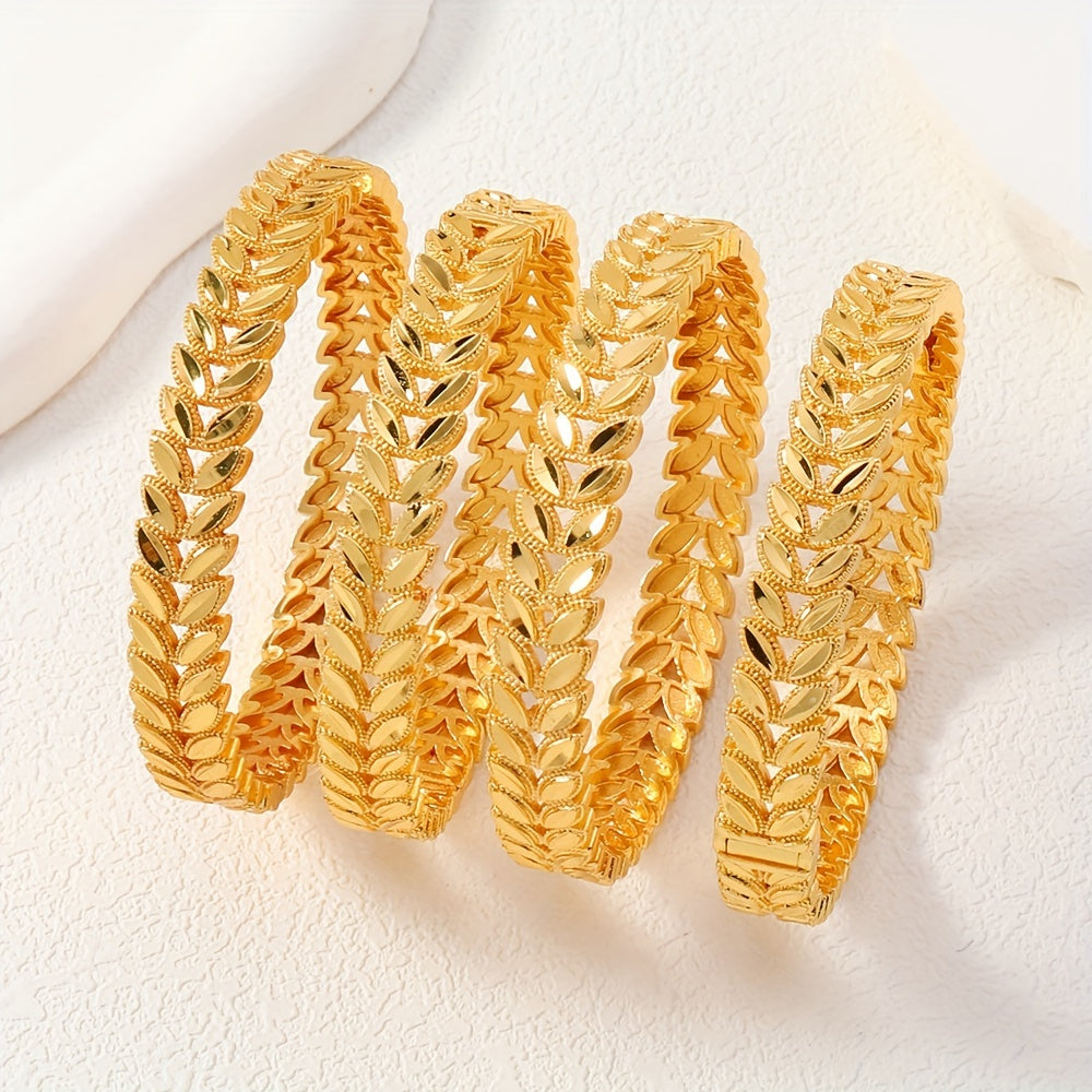 Set of 4 Elegant Wheat Sheaf Design Copper Bangles for Women - 24K Gold Plated Luxury Bracelets for Daily and Wedding Wear - Perfect Jewelry Gift for Valentine's Day, Versatile for All Seasons