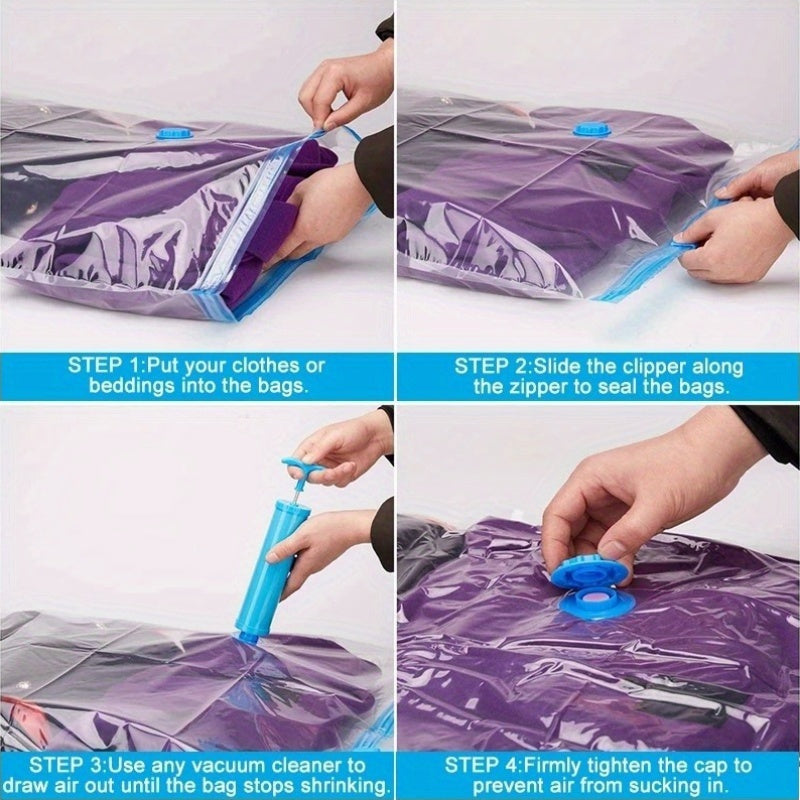 A pack of 5 vacuum compression bags designed for clothes, quilts, blankets, and bedding. These multi-purpose plastic sealing bags make compression easy, providing airtight, waterproof storage without the need for electricity. Stay organized with these