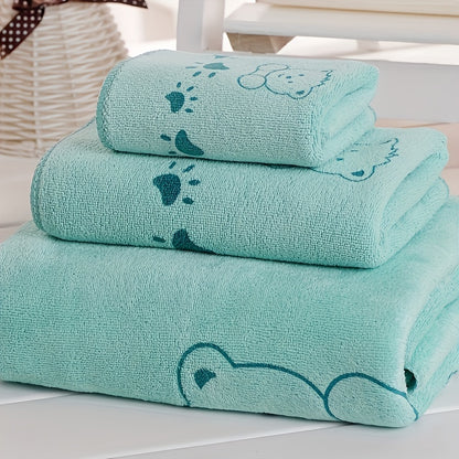 3-piece Cartoon Patterned Towel Set: Soft, absorbent, ultra-thin, and breathable. Featuring a contemporary style, 100 GSM knit fabric made of a polyester and nylon blend. Oblong shape