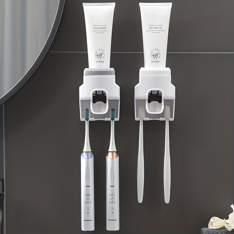 Wall mounted toothbrush holder and toothpaste dispenser with automatic squeezer, ideal for family washroom.