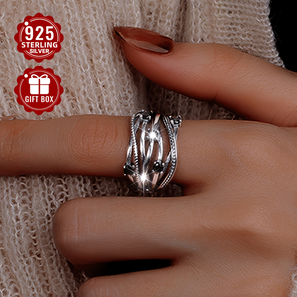 925 Sterling Silver Adjustable Open Band Multi-Layer Ring with Black Synthetic Zirconia - Hypoallergenic and Stylish. Perfect for Any Occasion and Season - Available in A/B Style (3.4g/2.98g)