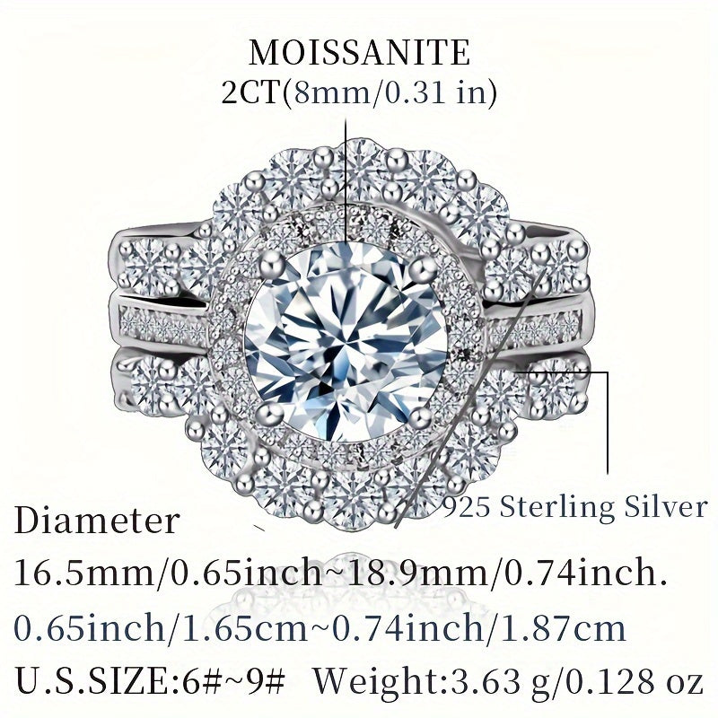 This exquisite set features a stunning 2-carat Moissanite ring in a Bohemian style, crafted from pure S925 silver with low allergy properties. Suitable for parties, this luxurious full-set ring for women weighs approximately 6.8g and comes with a