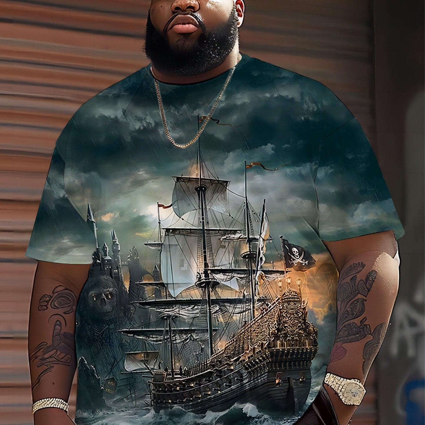 Men's pirate ship print t-shirt made of polyester knit fabric with slight stretch, featuring casual street style and regular fit for daily wear in plus size.